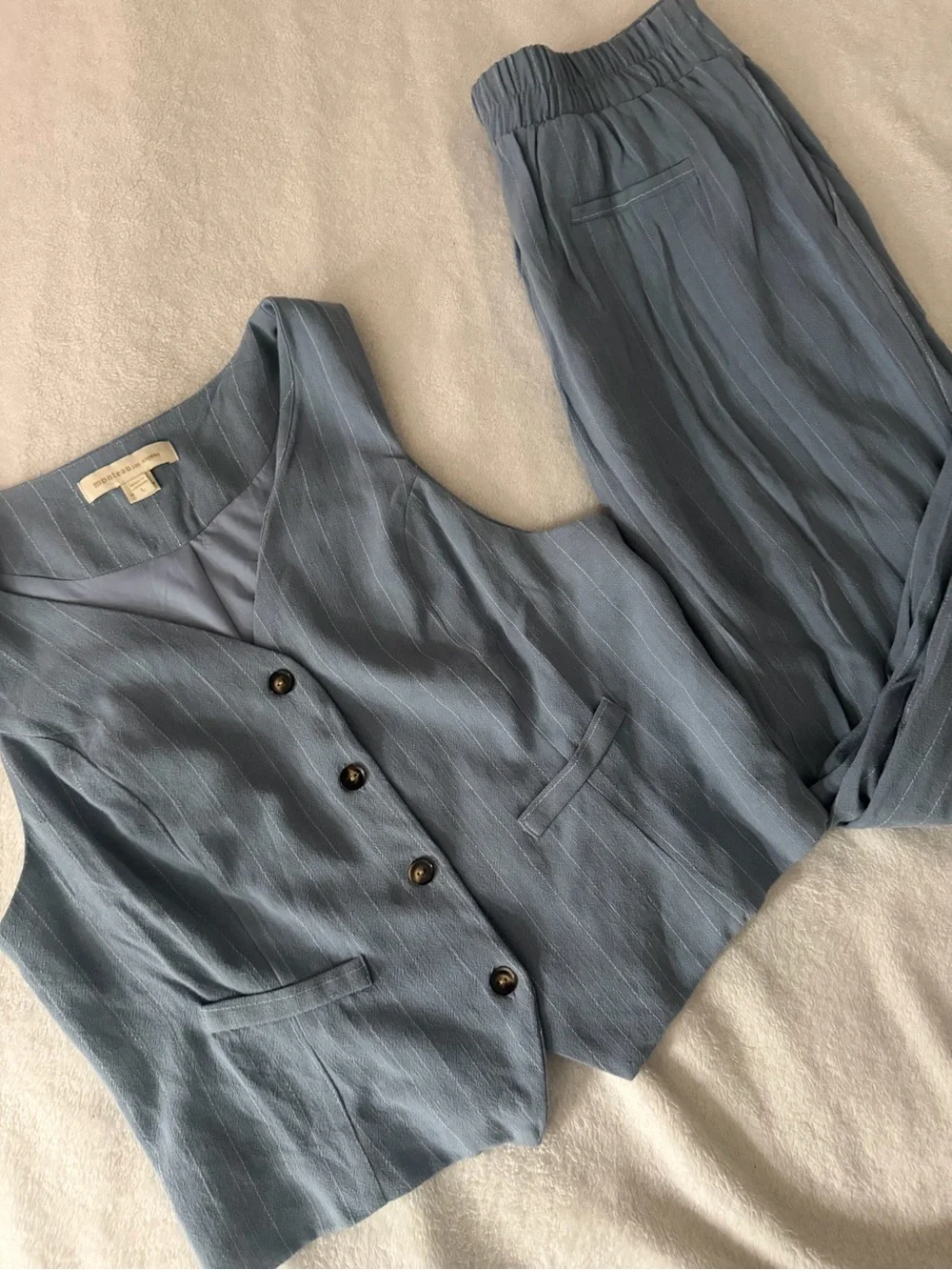 Women’s Light Blue Pinstripe Vest and Elastic-Waist Pants Matching Set